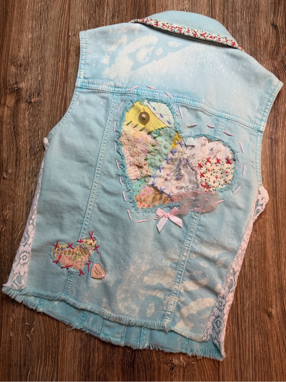 Upcycled Silver Jeans Blue Denim Sleeveless Vest with Pastel Patch Details